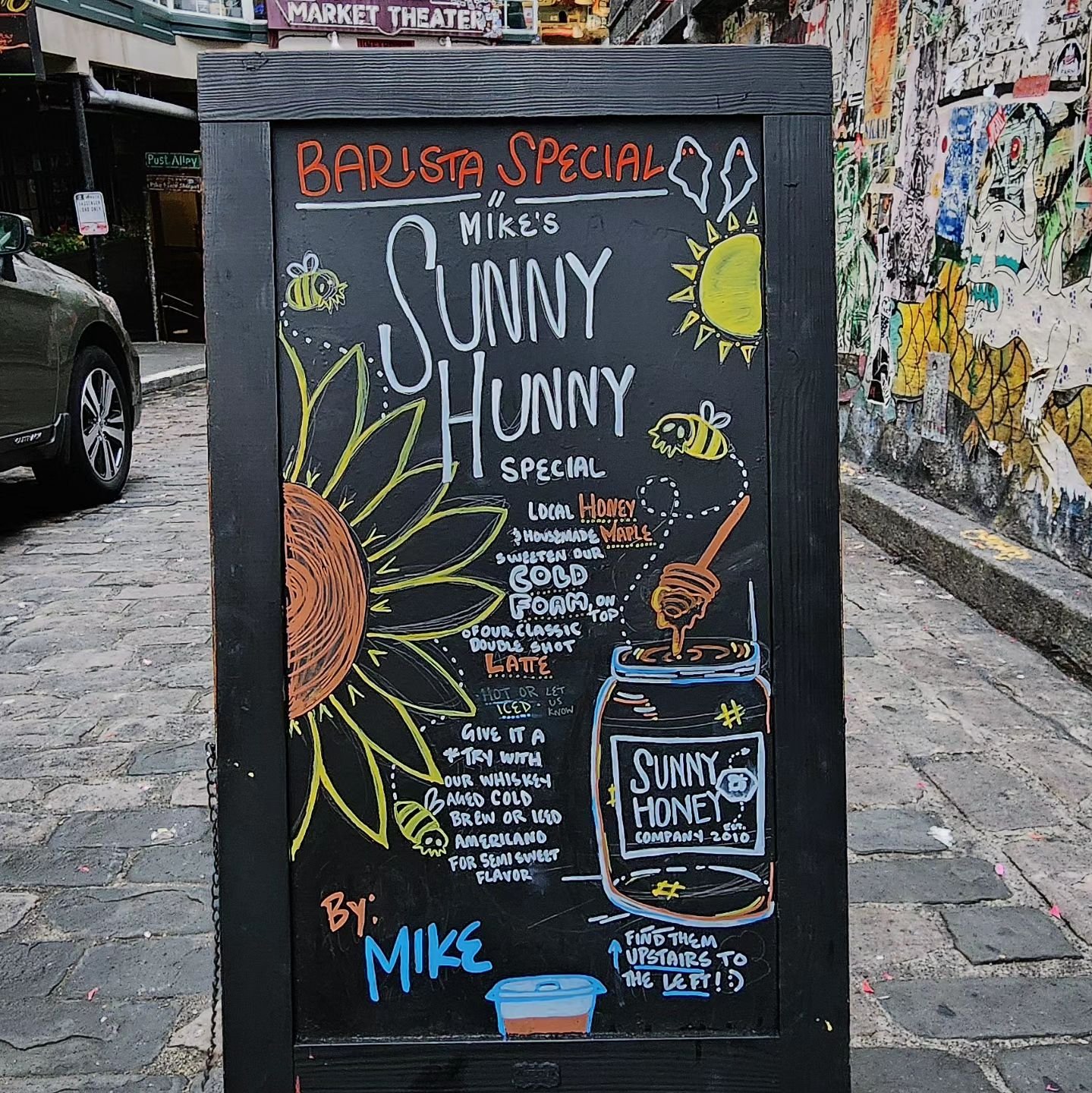 🚨BARISTA SPECIAL ✨ Mike's Sunny Hunny Special brings you a burst of sweet sunshine. Using the markets very own Sunny Hunny Company, we sweeten our cold foam with local honey and housemade maple syrup 🍯☁️🍁. Topping a classic 2 shot latte, iced only